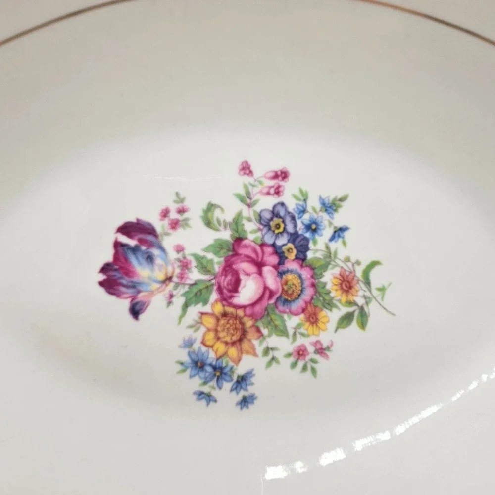 Vintage Syracuse China Federal Shape Oval Serving Bowl Floral Gold Tone Trim 10